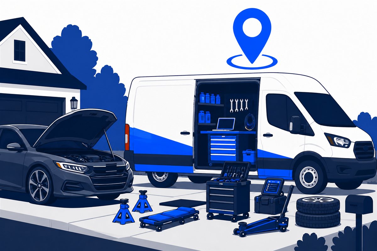 Illustration of a CurbPoint mobile service van and a customer's car with the hood open, tools laid out on the driveway, with a location pin above the scene